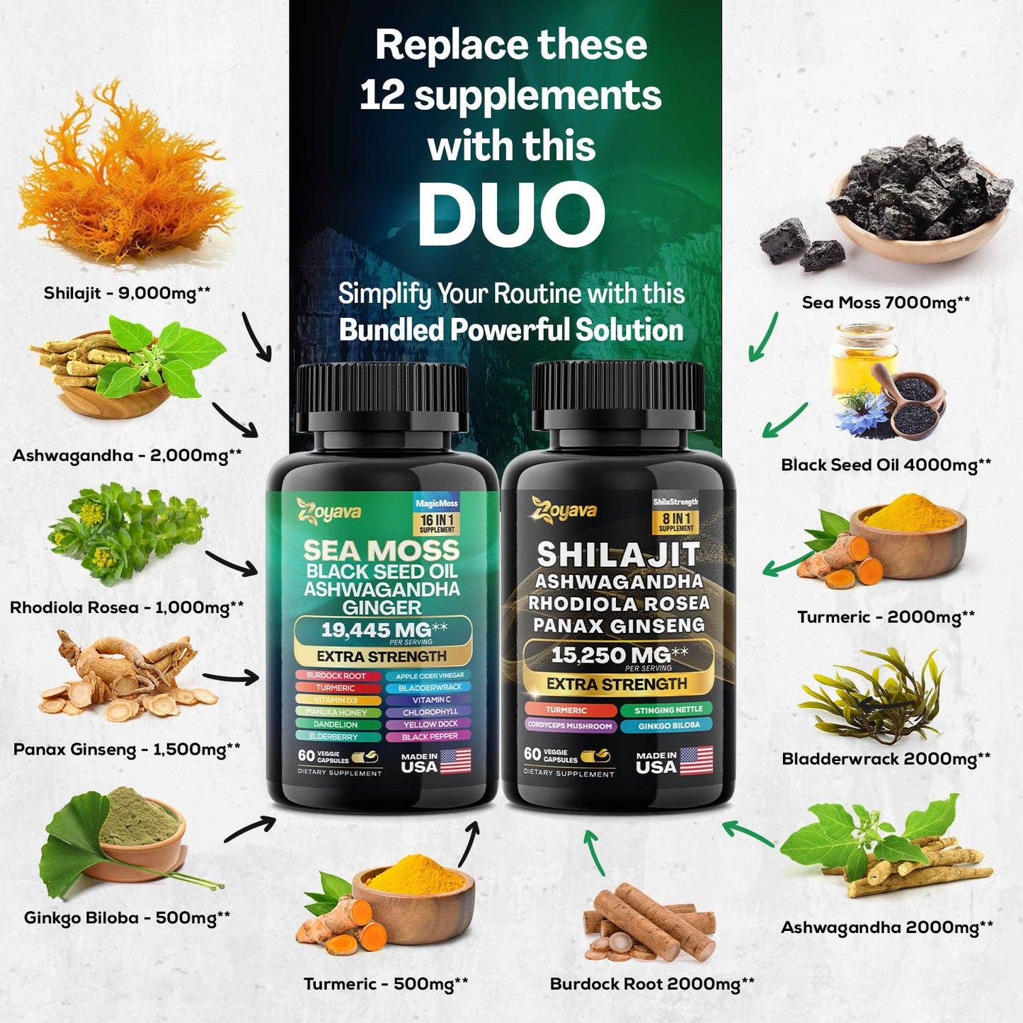 Dynamic Vitality Bundle: Sea Moss 16-in-1 Magic Moss & Shilajit Power ShilaStrength Blend: 1 Pack